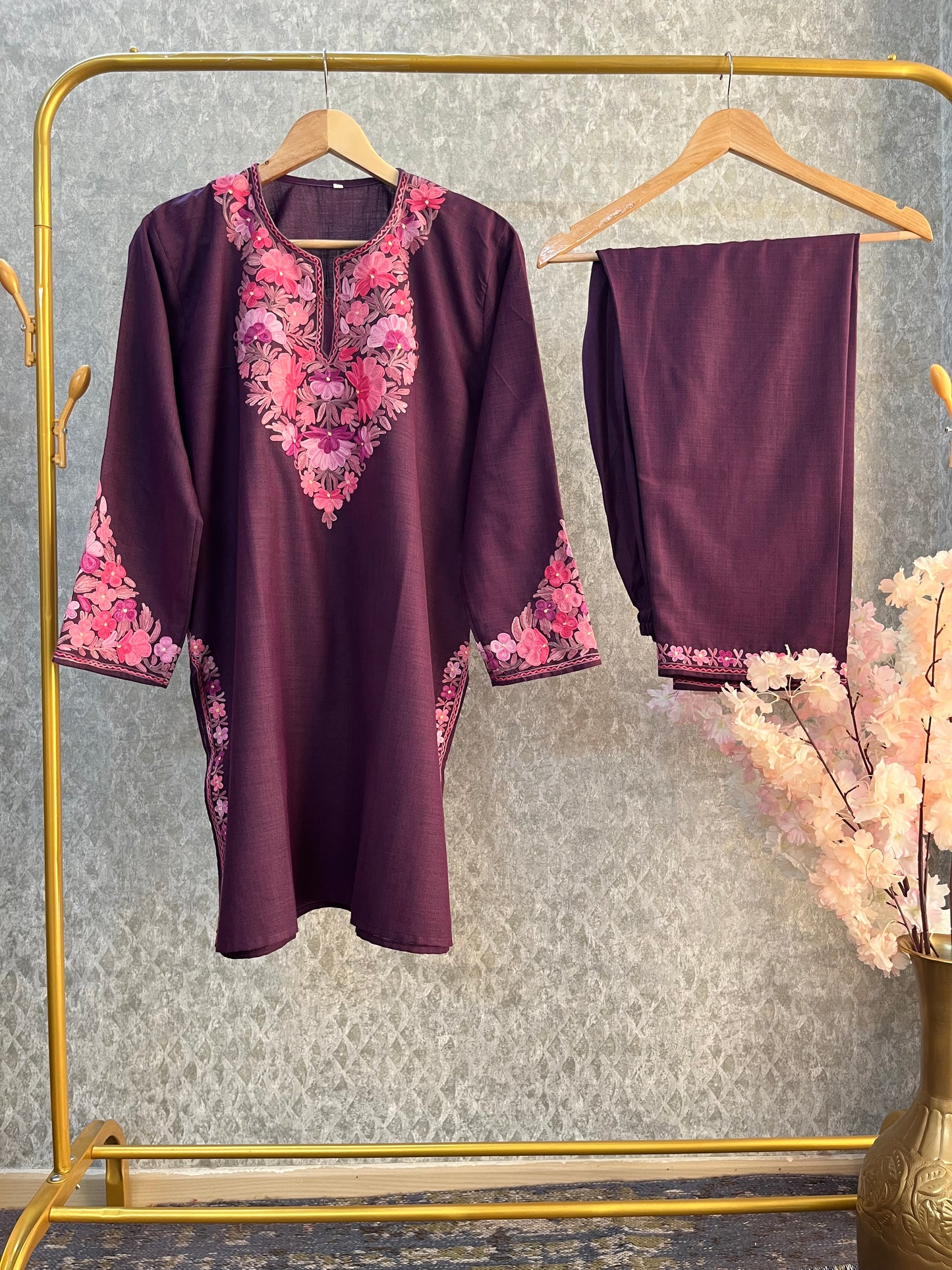 Wine Cotton Stitched Co-ord Set