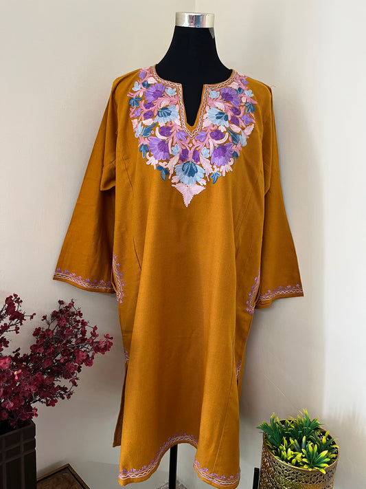 Mustard Aari Embroidered Wool Pheran