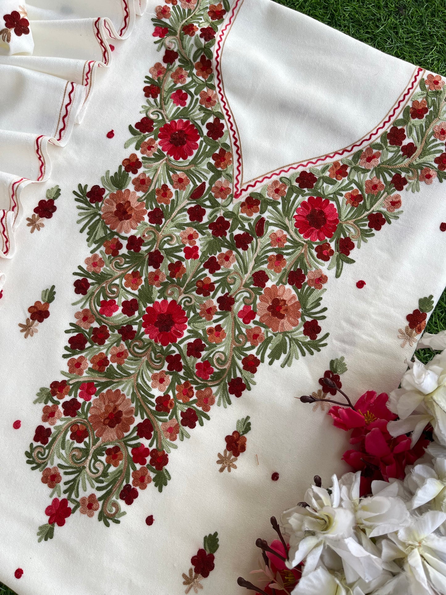 Off White Woollen Aari Embroidered 3pc suit