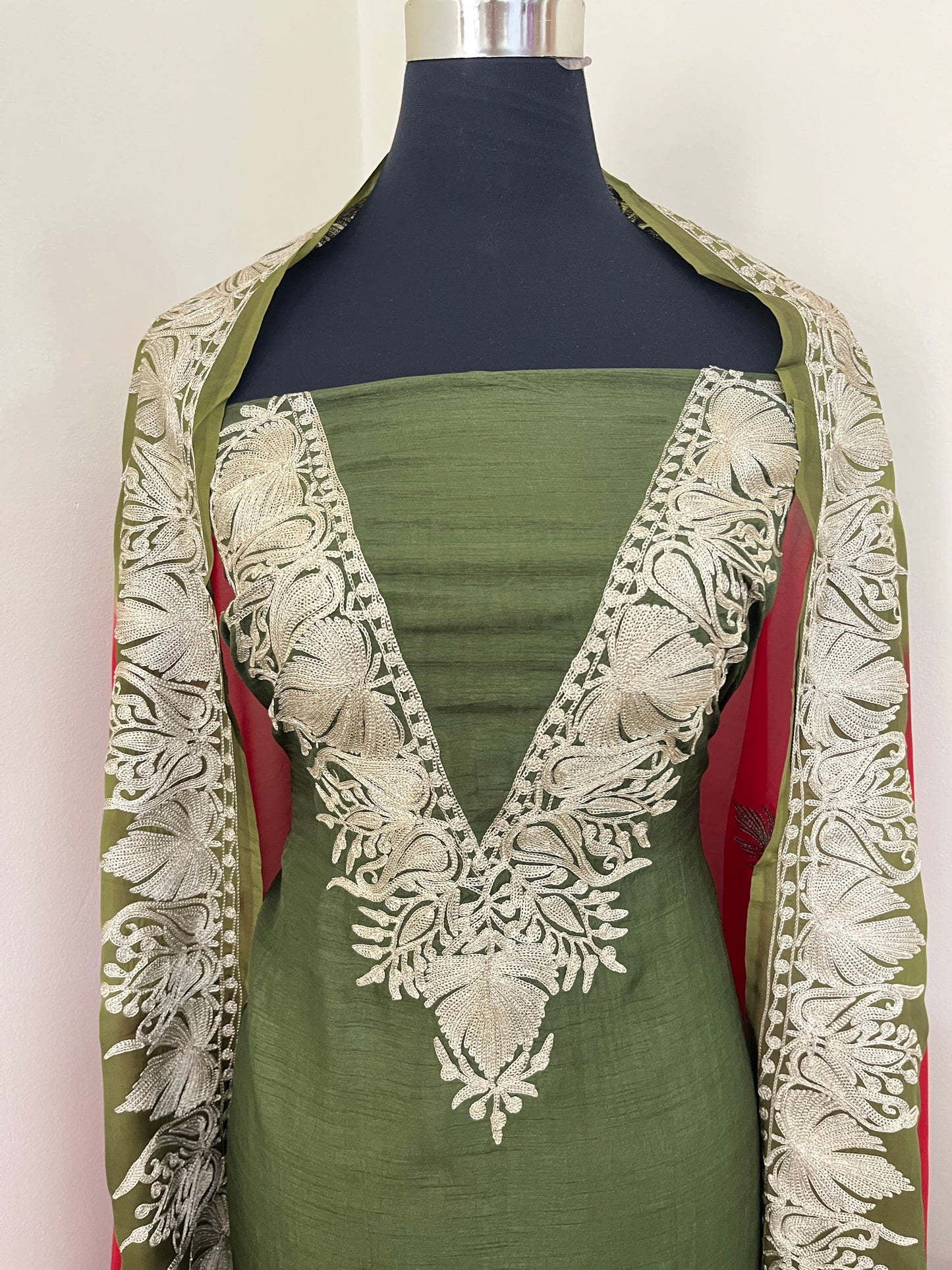 Sanam Army Green Silk Kashmiri Suit