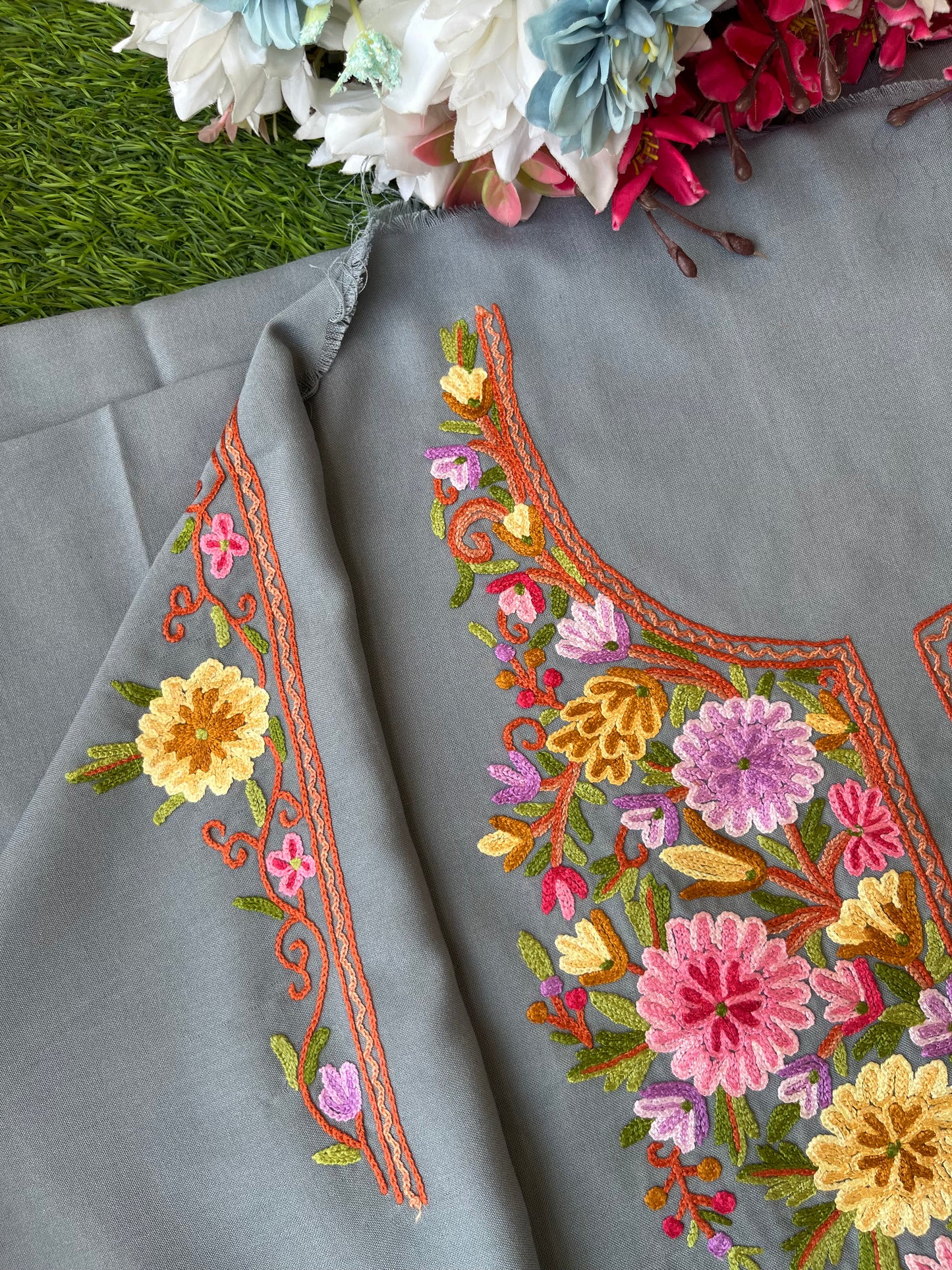 Grey Cotton Two Piece Suit (Hand Embroidered)