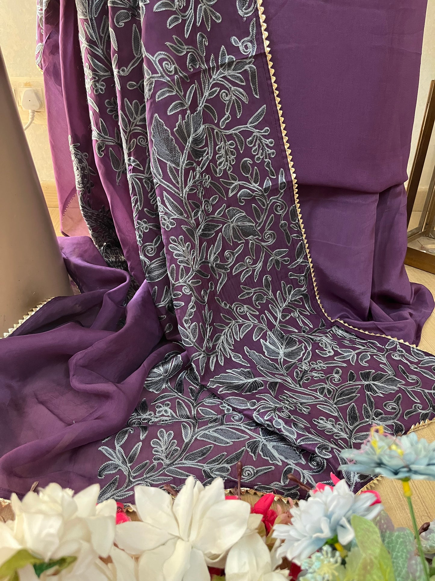 Purple Pure Georgette 3 Pc Heavy Kashmiri Suit