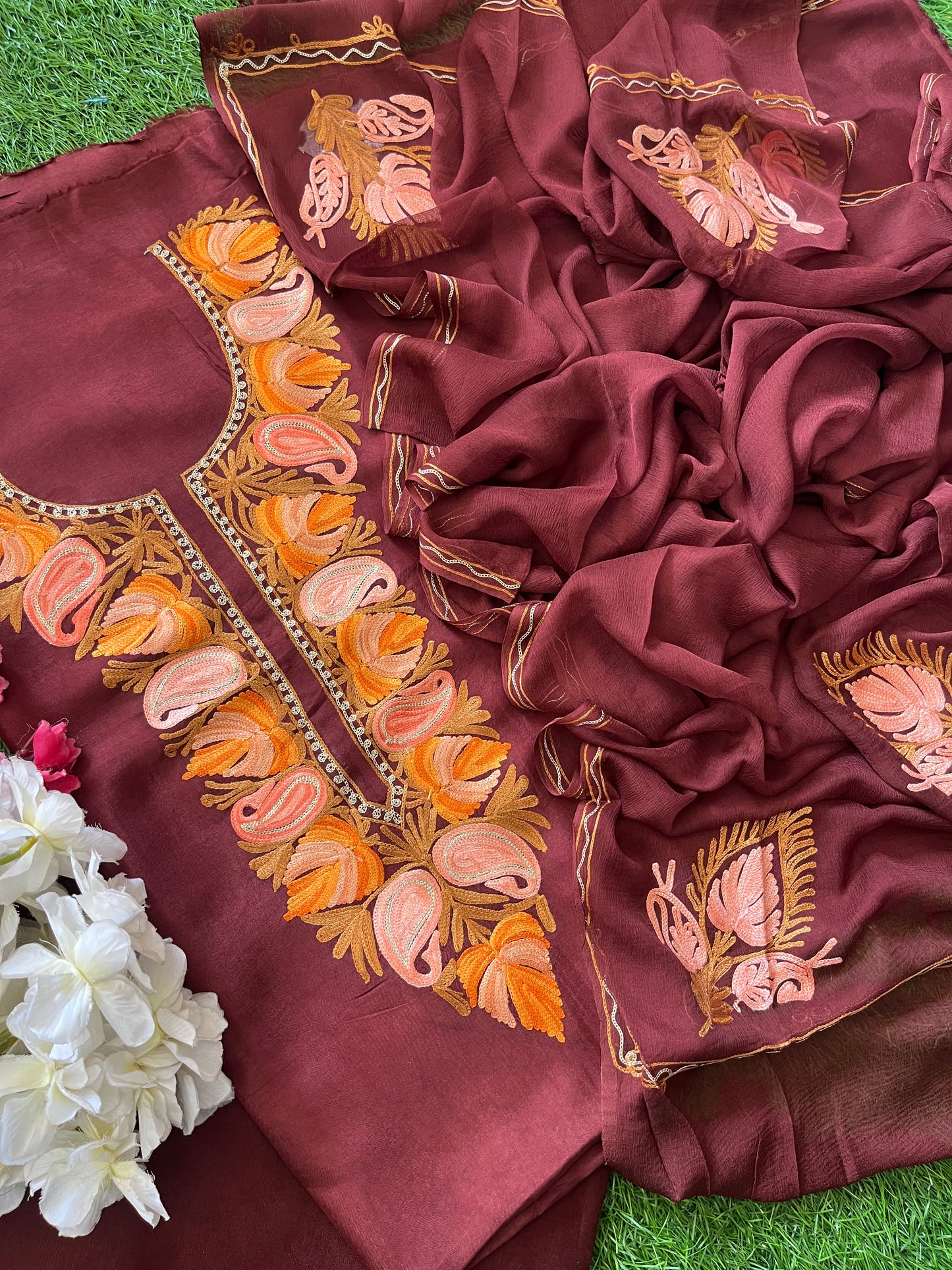 Chocolate Brown Opada Silk Aari Embroidered Suit material