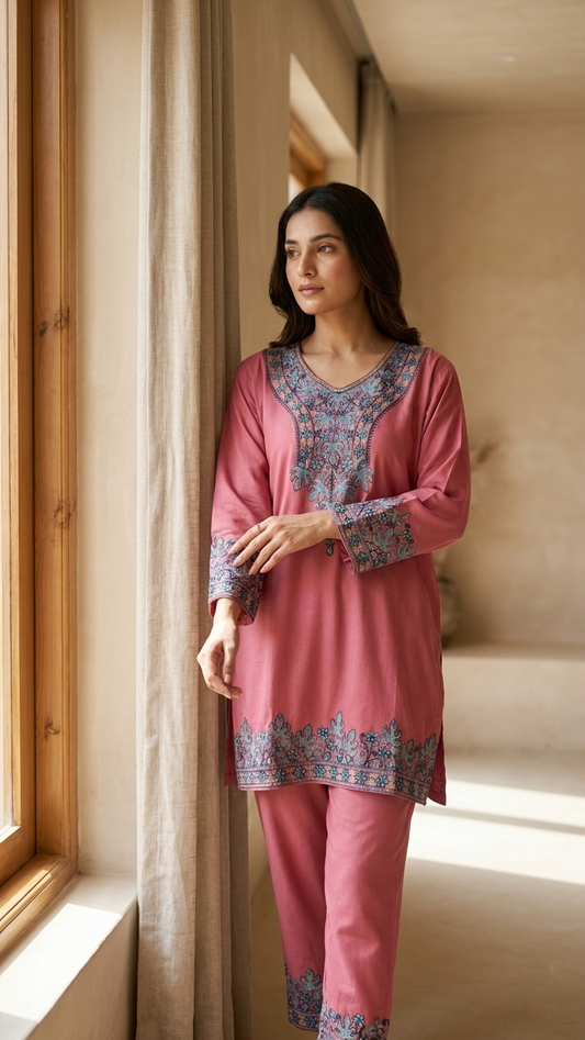 Soft Pink Cotton Stitched Co-ord Set( 42)