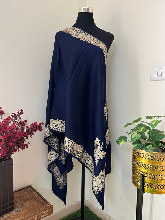 Navy Blue Fine Semi Pashmina Tilla Embroidered stole