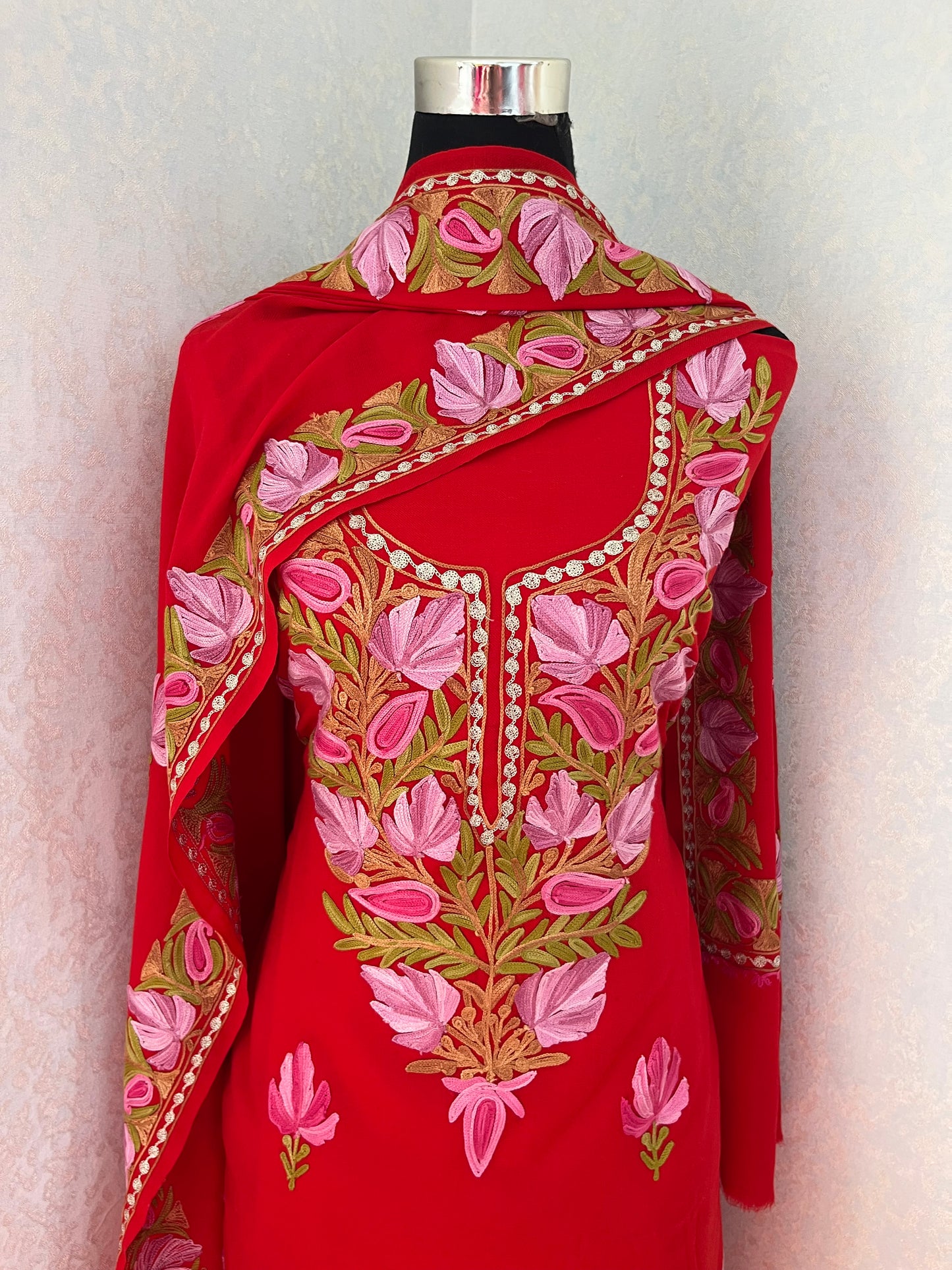 Red Aari Embroidered 3pc Suit Stole