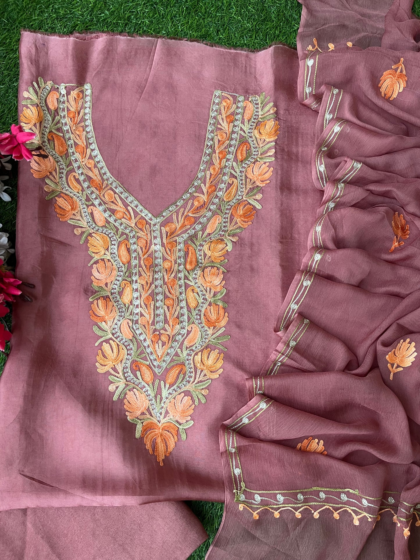 Onion Pink Opada Silk Kashmiri Suit