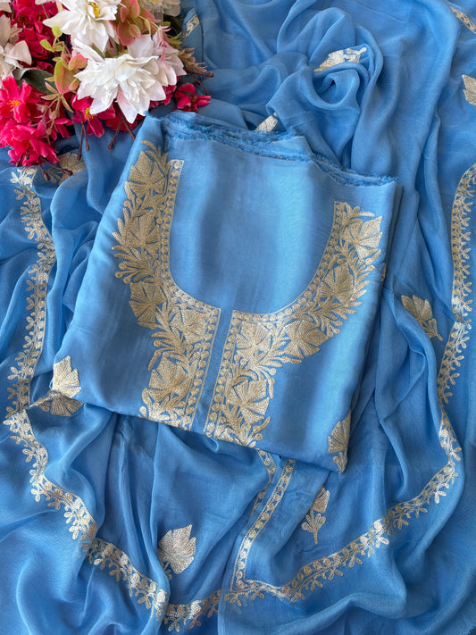 Soft Blue Silk Tilla Kashmiri Suit