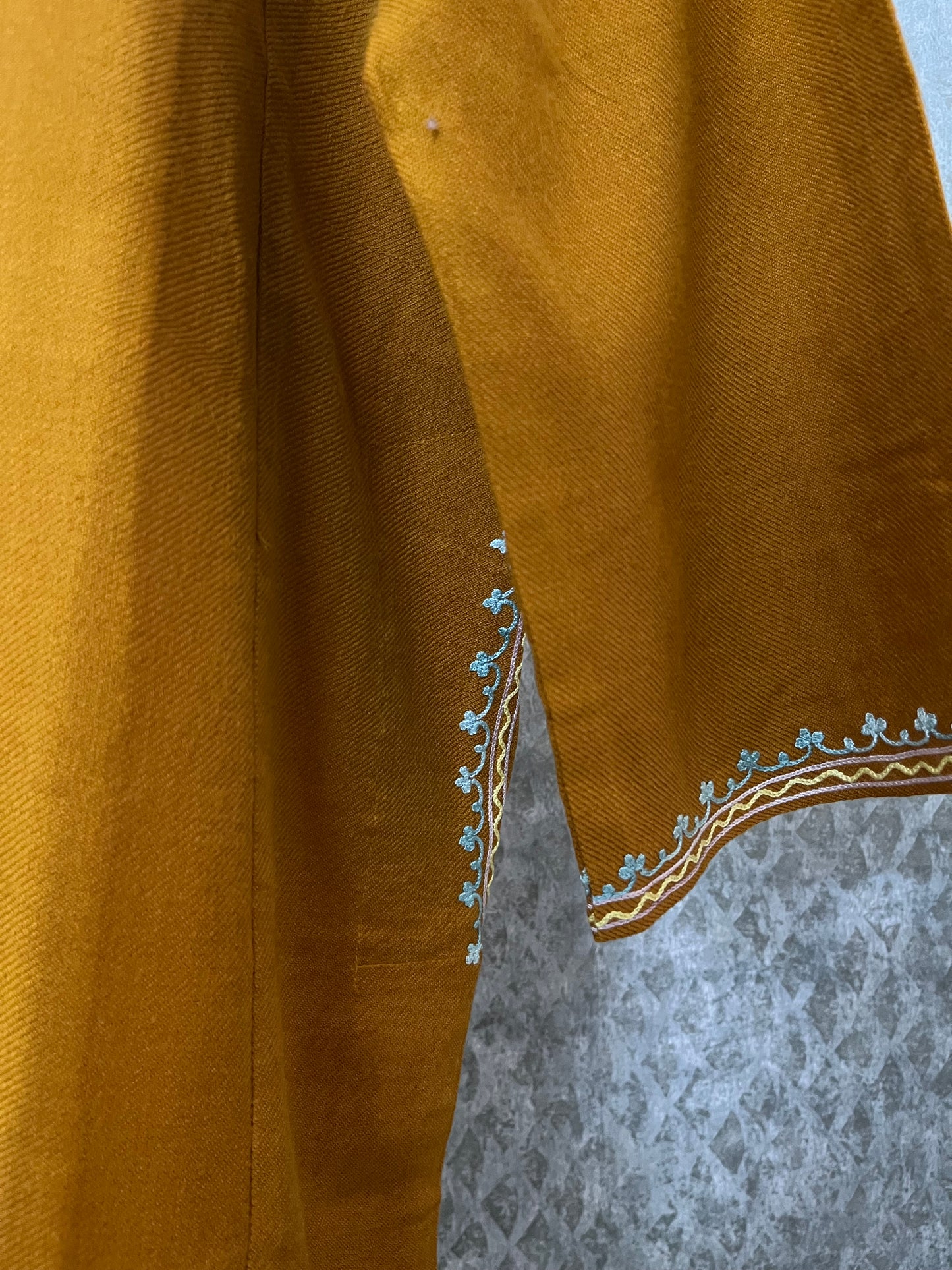 Mustard Yellow Aari Embroidered Wool Pheran