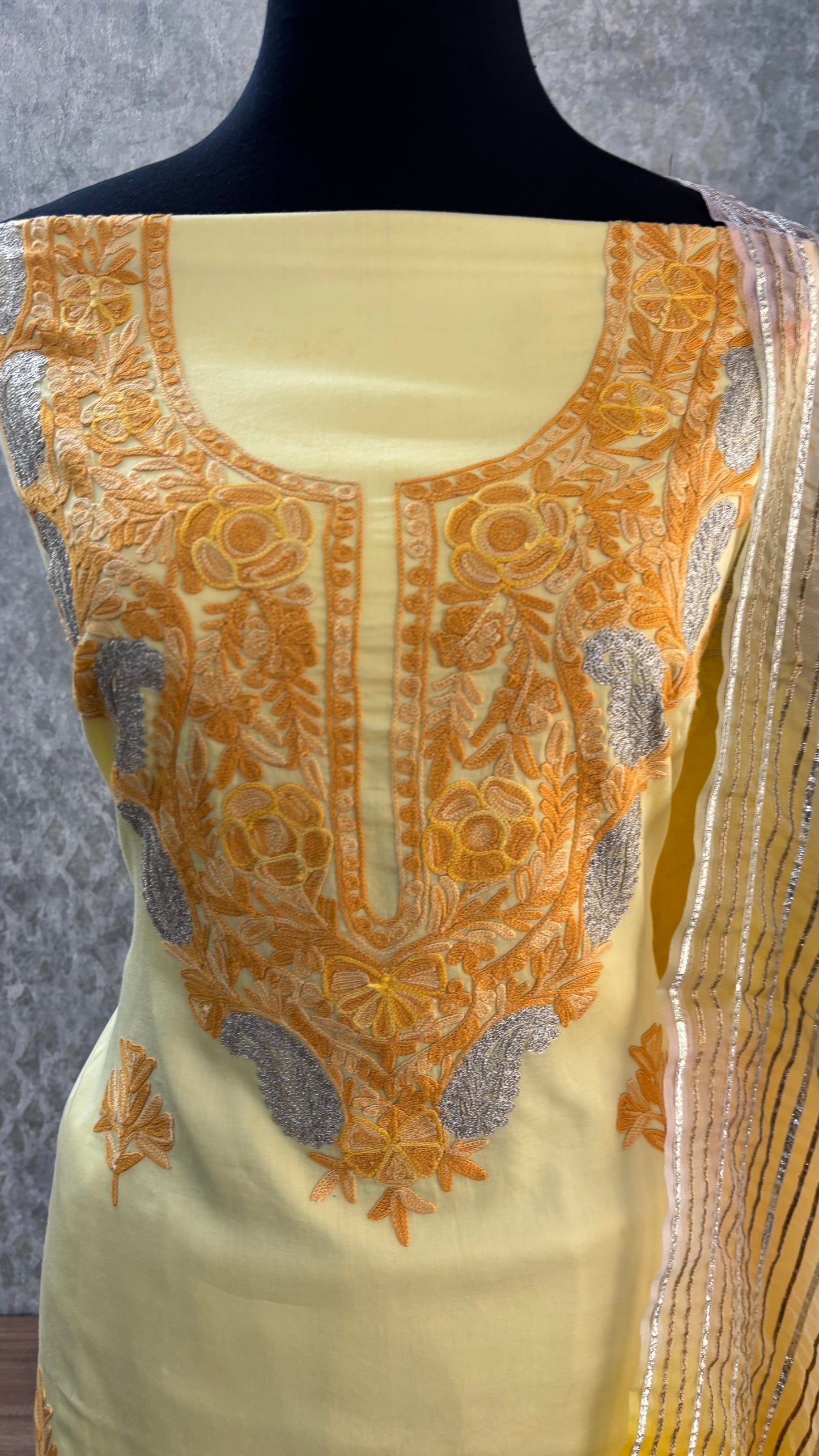 Lemon Yellow Satin Cotton Kashmiri Suit