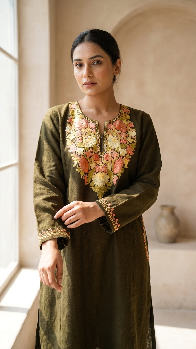 Army Green Aari Embroidered Wool Pheran