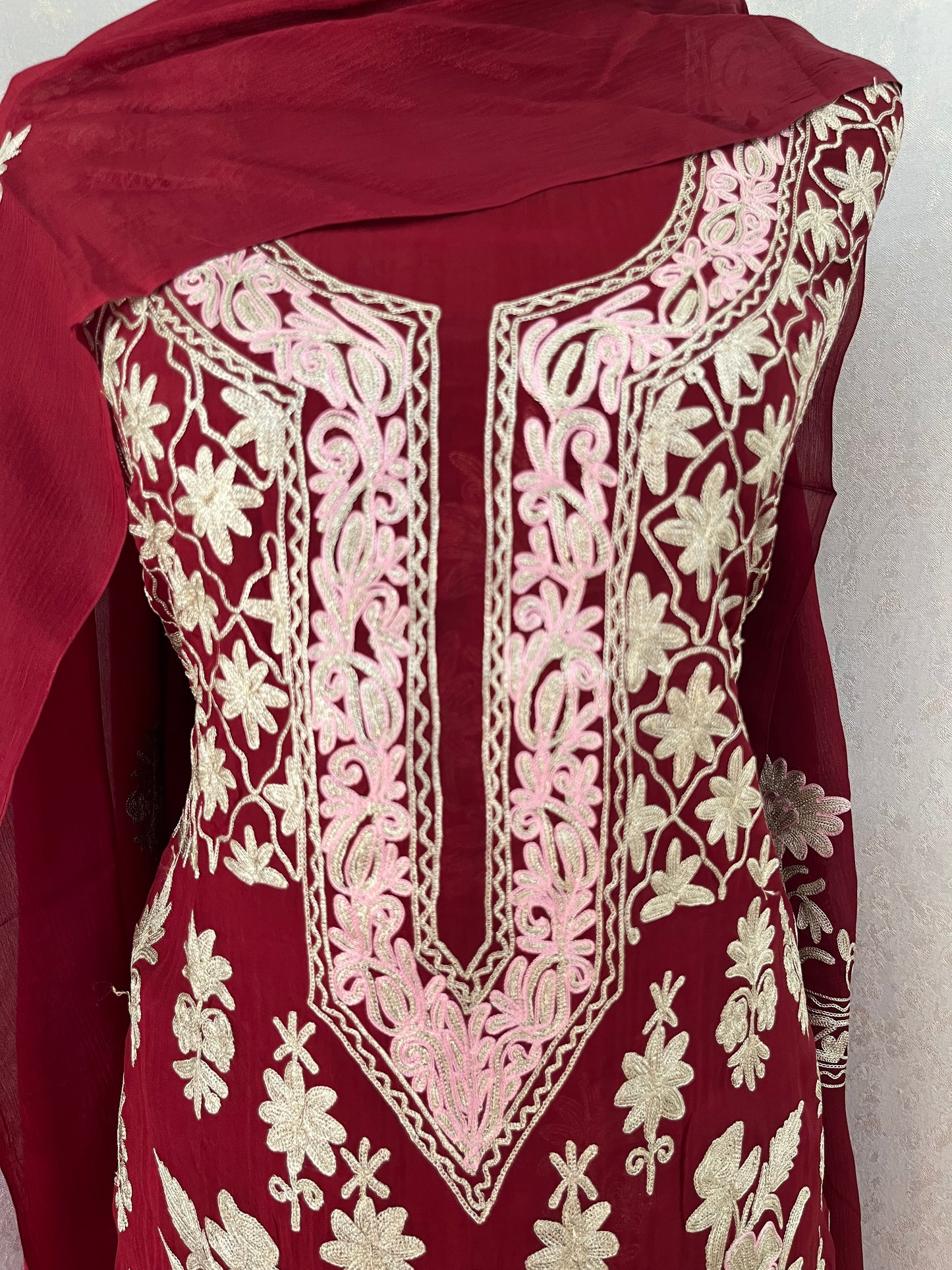 Maroon Pure Soft Organza 3 Pc Heavy Kashmiri Suit