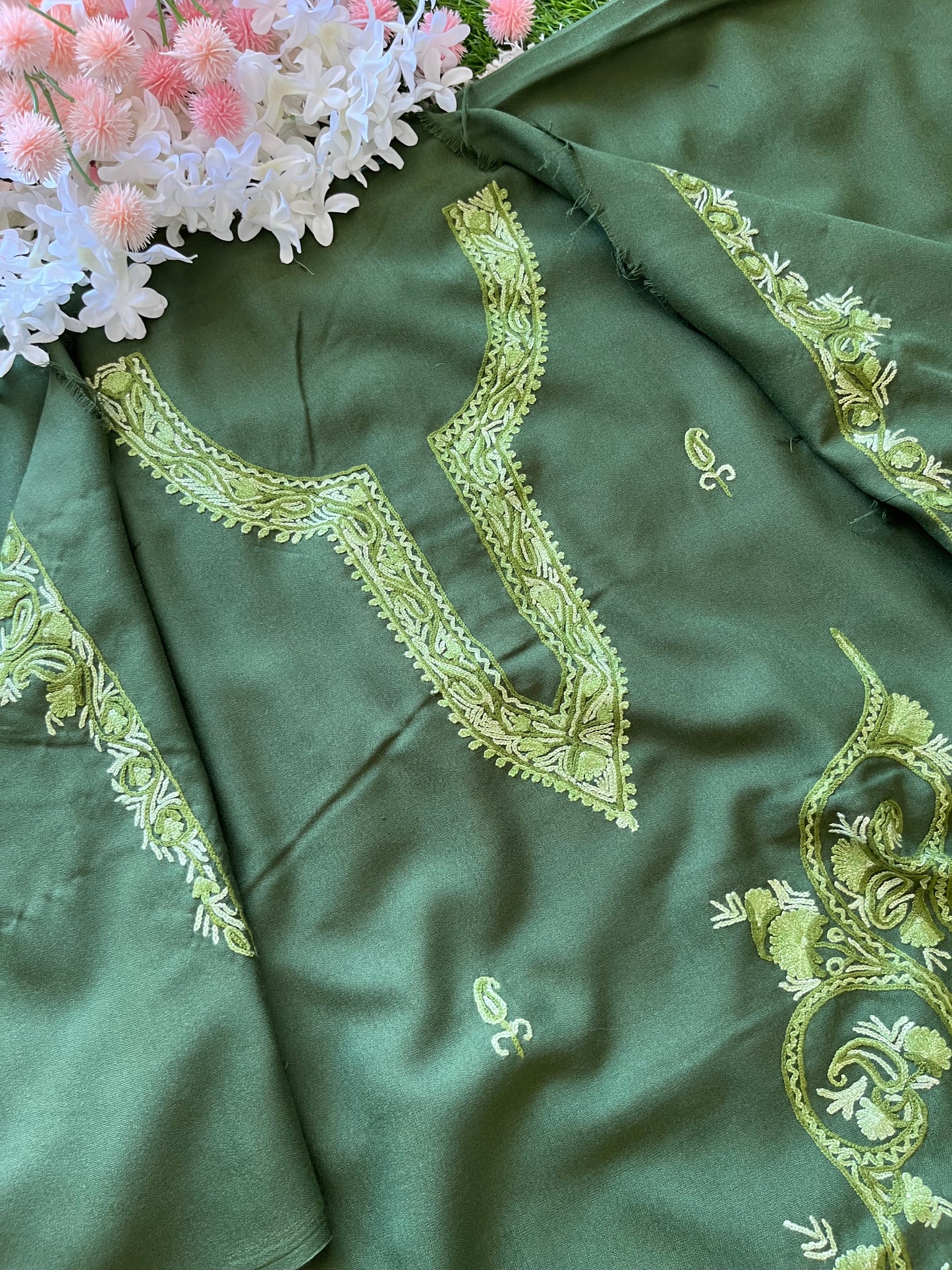 Cotton Green Two Piece Set (Hand Embroidered)
