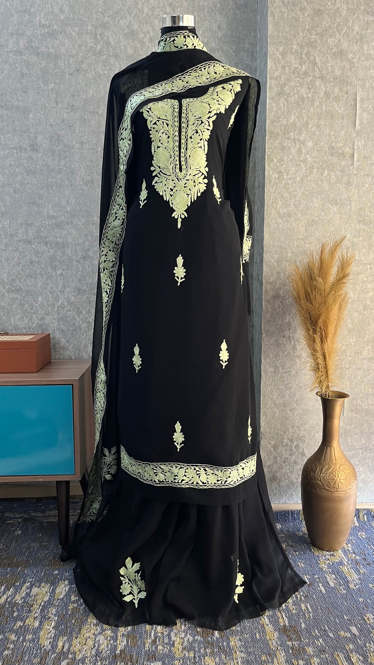 Georgette Black 3 Pc Kashmiri Suit