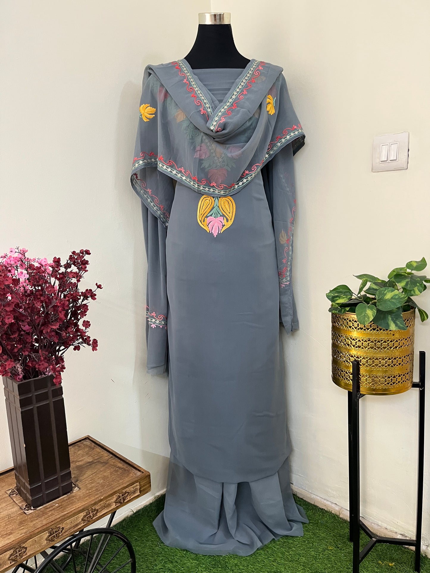 Grey Georgette 3 Pc Aari Embroidered Suit Set