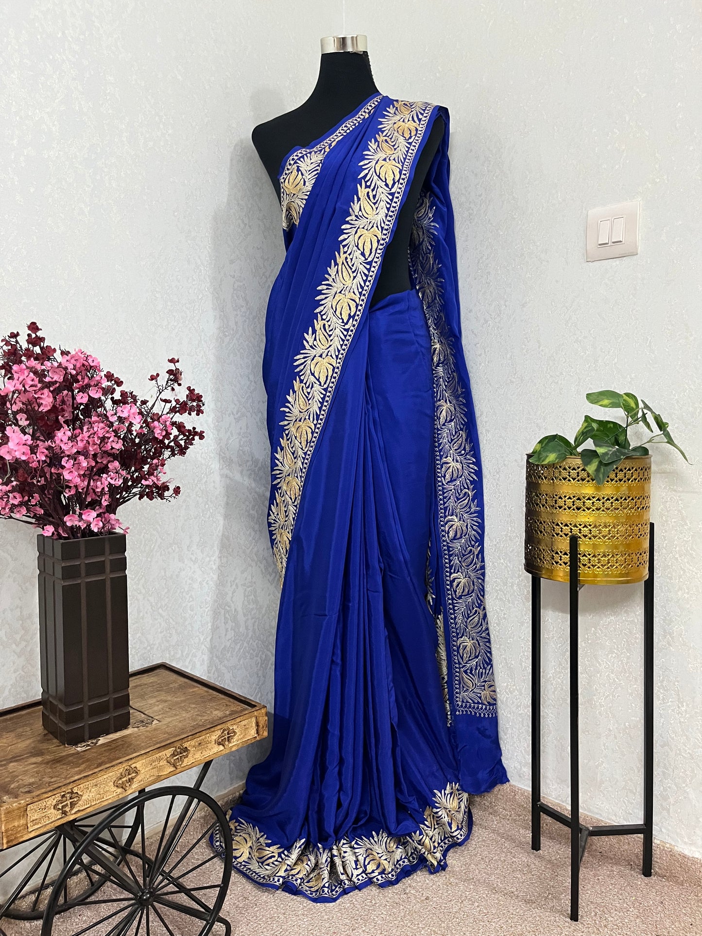 Royal Blue Pure Vetson Crape Kashmiri Saree