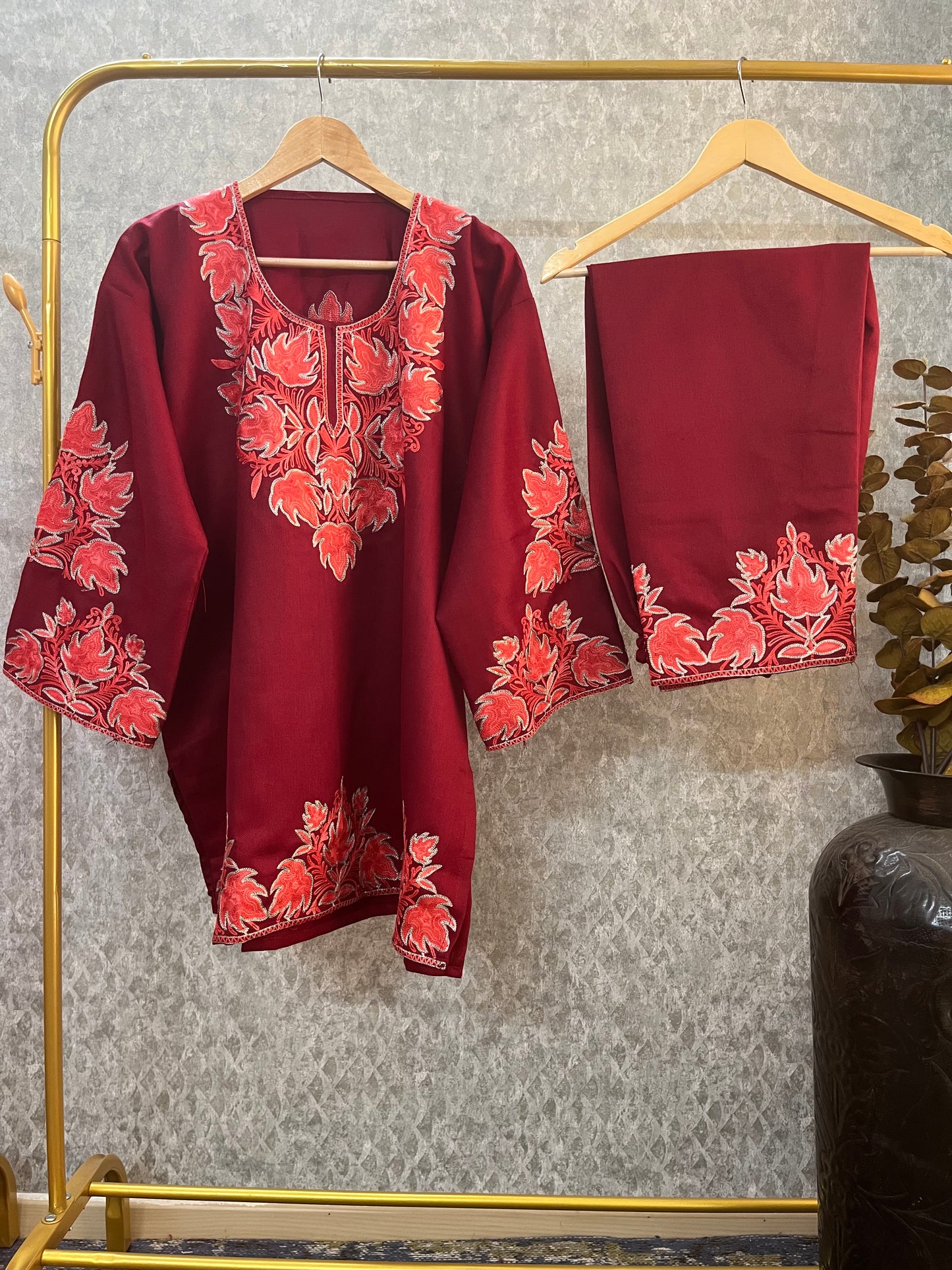Maroon Woollen Kashmiri Co-Ord Set ( Size 46)