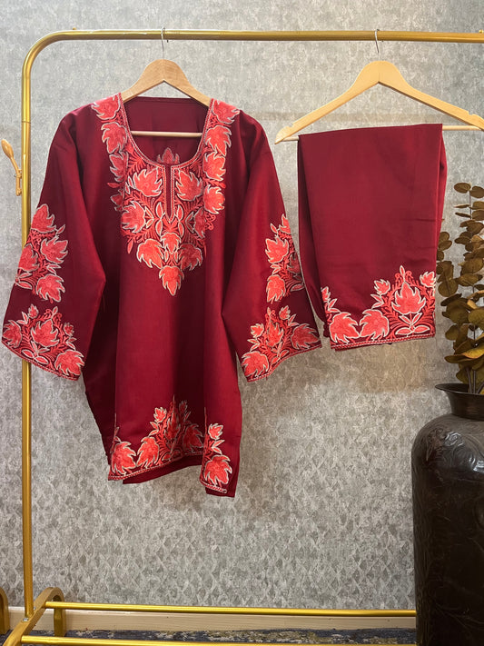 Maroon Woollen Kashmiri Co-Ord Set ( Size 46)