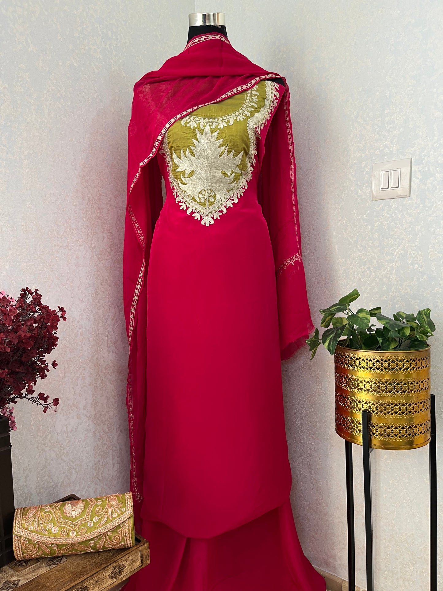 Fuchsia Pink Crape Kashmiri Suit with Clutch