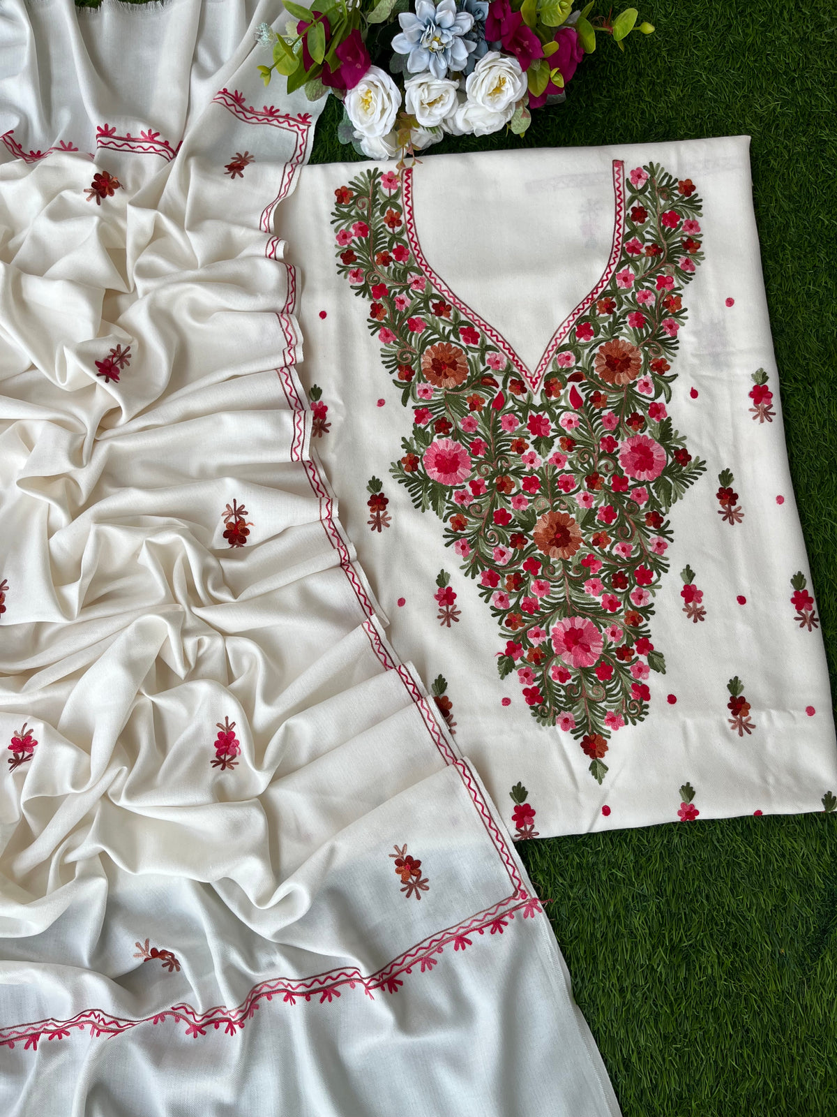 Off White Woollen Aari Embroidered 3pc suit