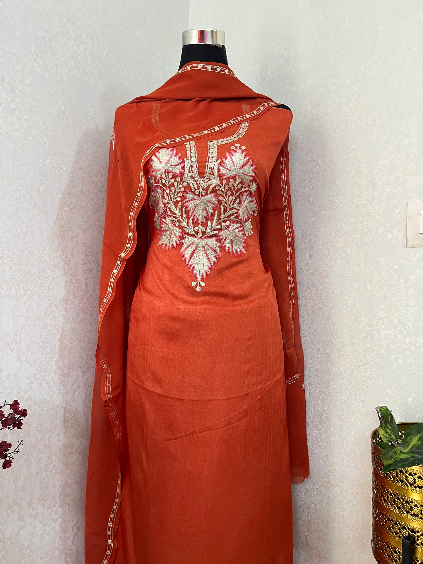 Sweet Orange Silk Tilla Kashmiri Suit