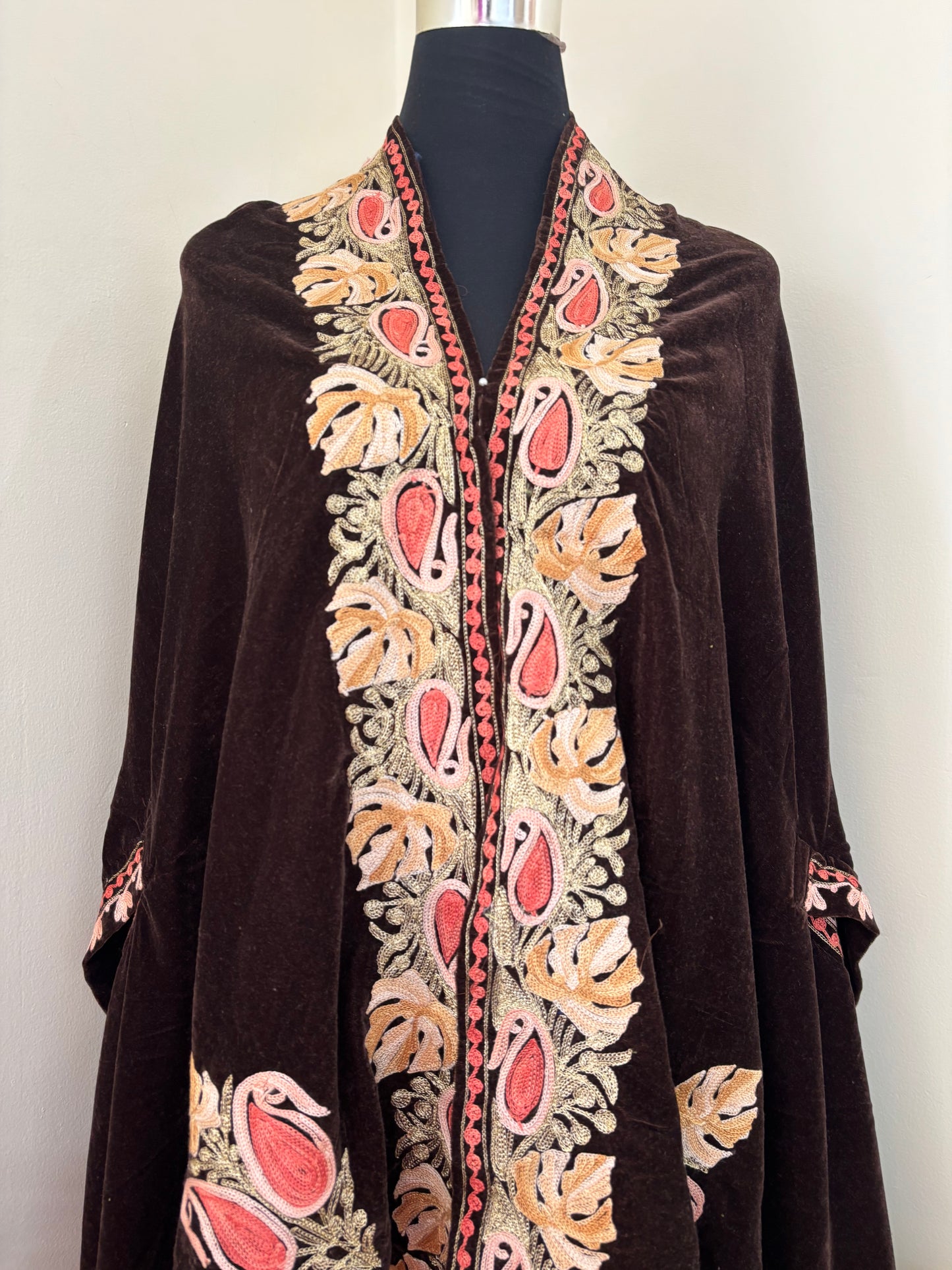 Brown Aari Embroidered Velvet Cape