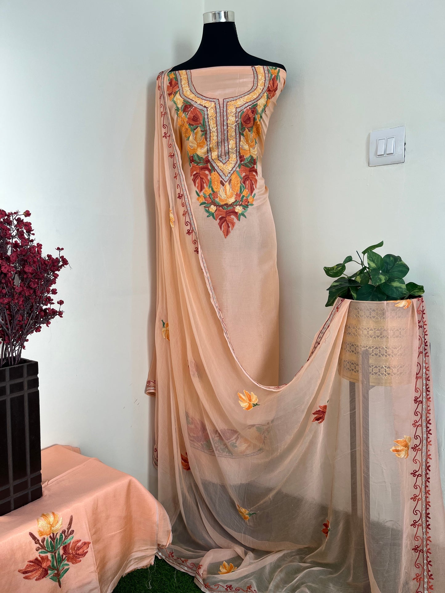 Peach Opada Silk Aari Embroidered Suit material