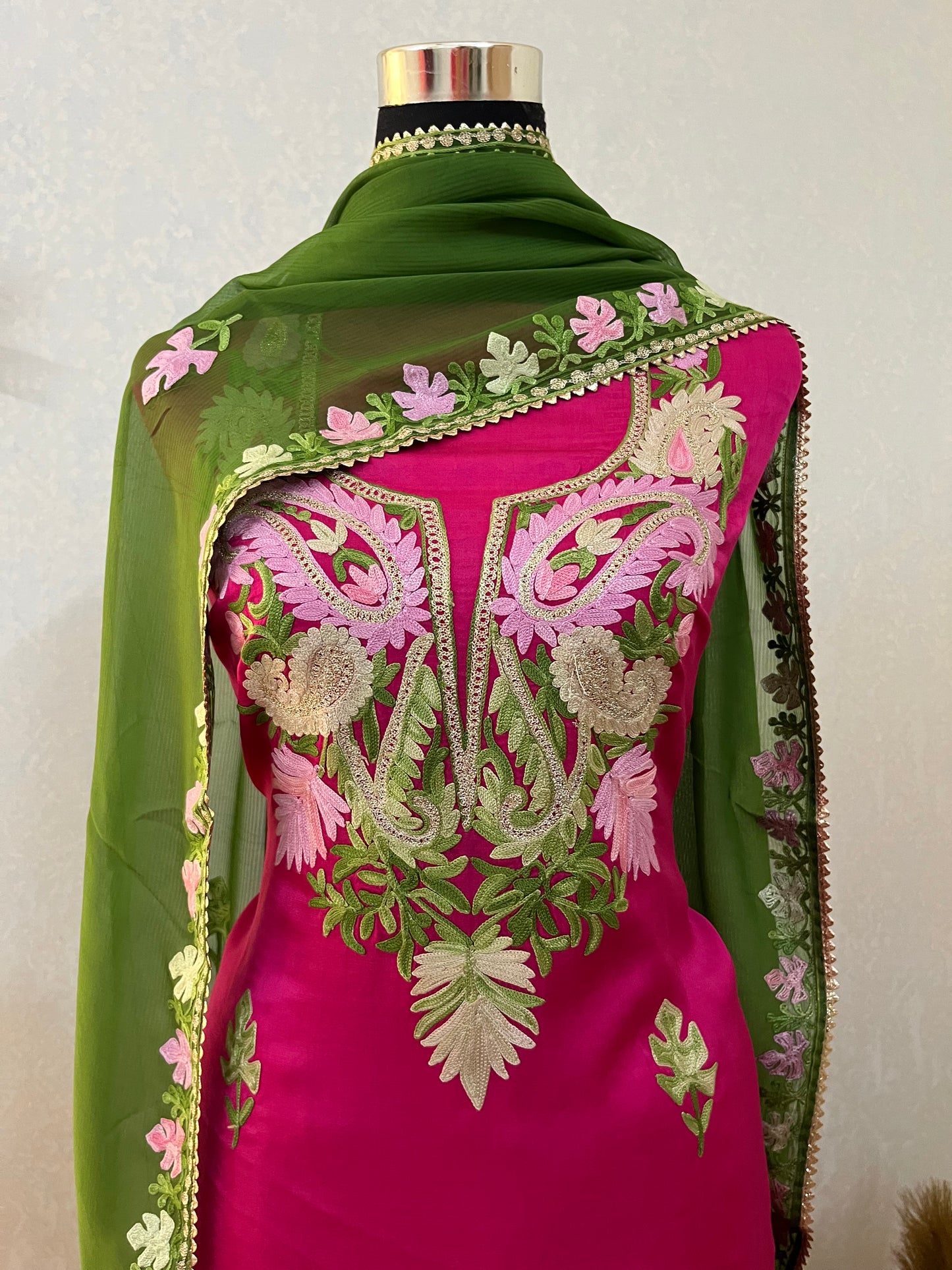 Hot Pink Satin Cotton Kashmiri Suit