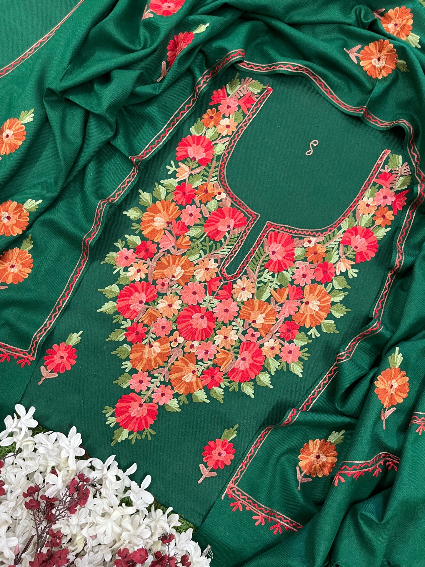 Henna Green Woollen Aari Embroidered 3pc suit