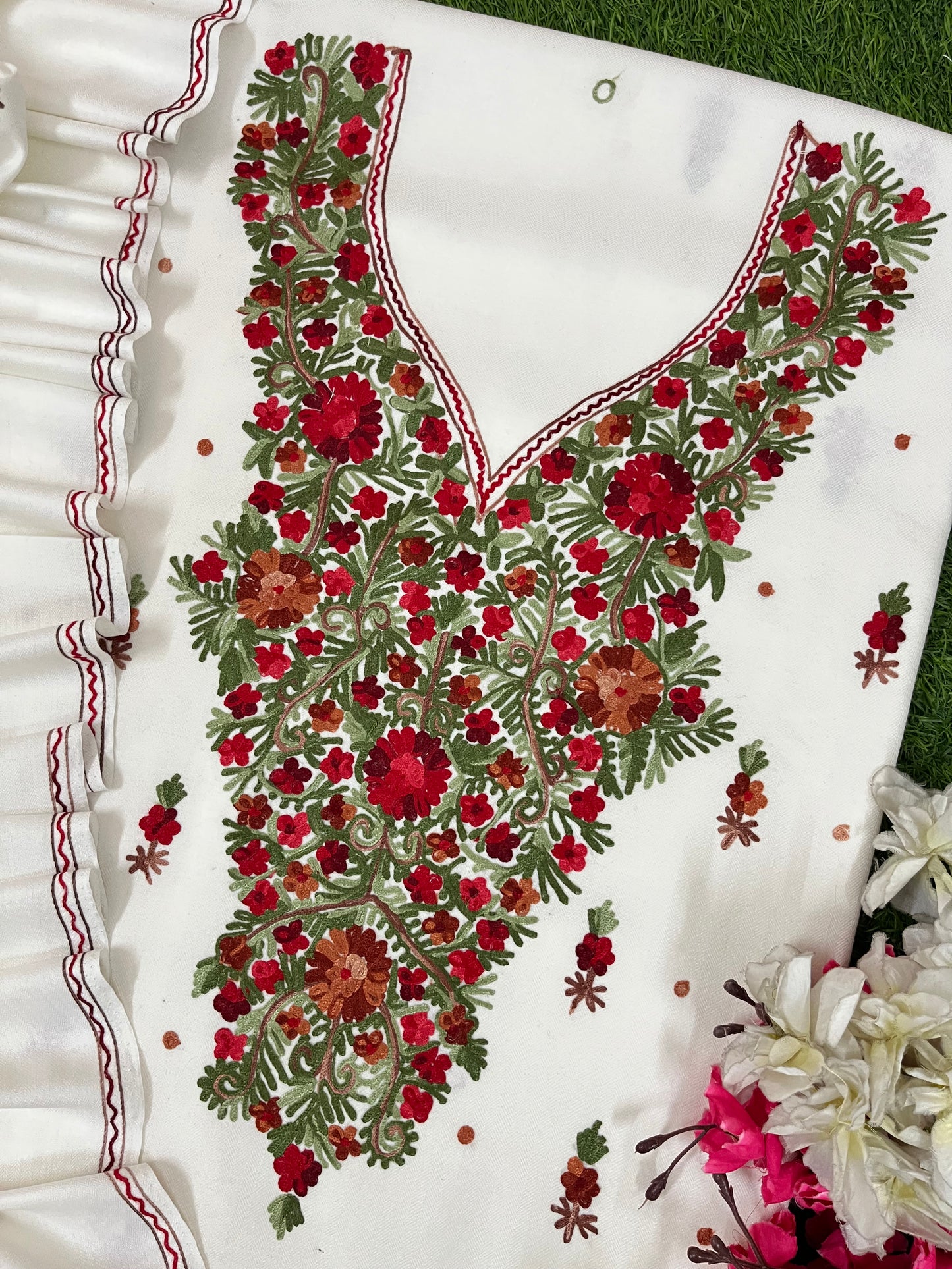 Off White Woollen Aari Embroidered 3pc suit