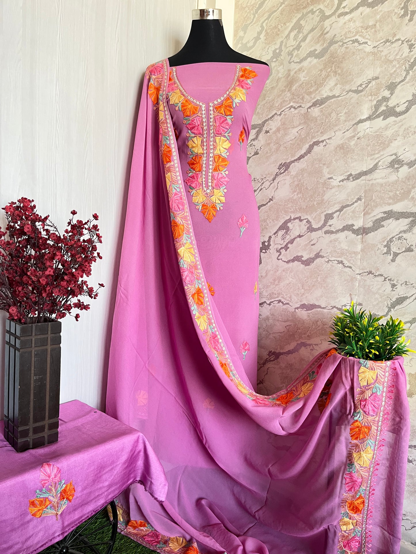 Lilac Pure Georgette Aari Embroidered Suit