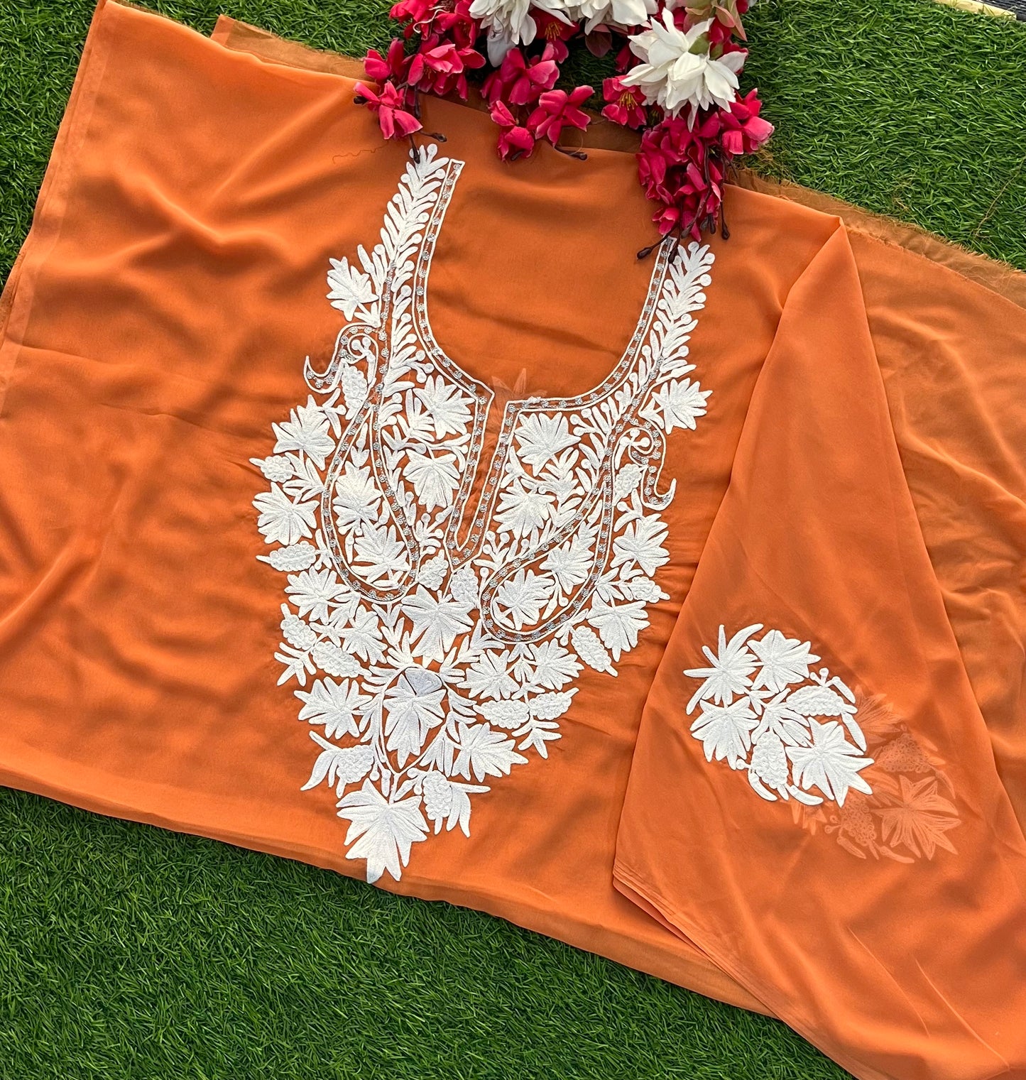 Soft Orange Georgette Kashmiri Kurta Material