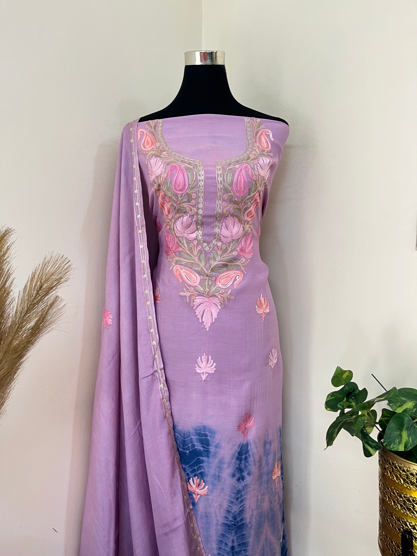Lavender Mul Cotton Shibori Work Kashmiri 3pc Suit