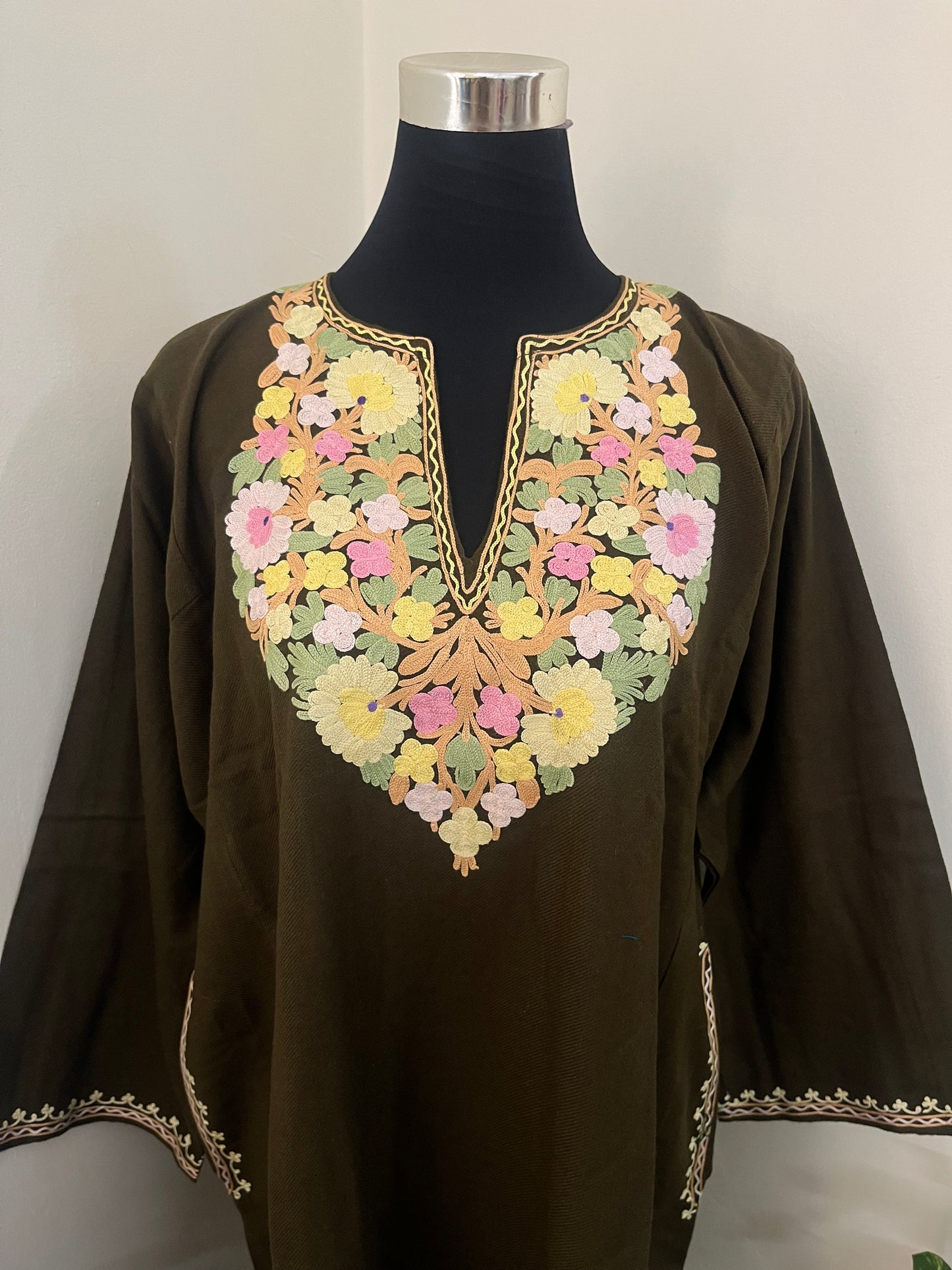 Army Green Aari Embroidered Wool Pheran