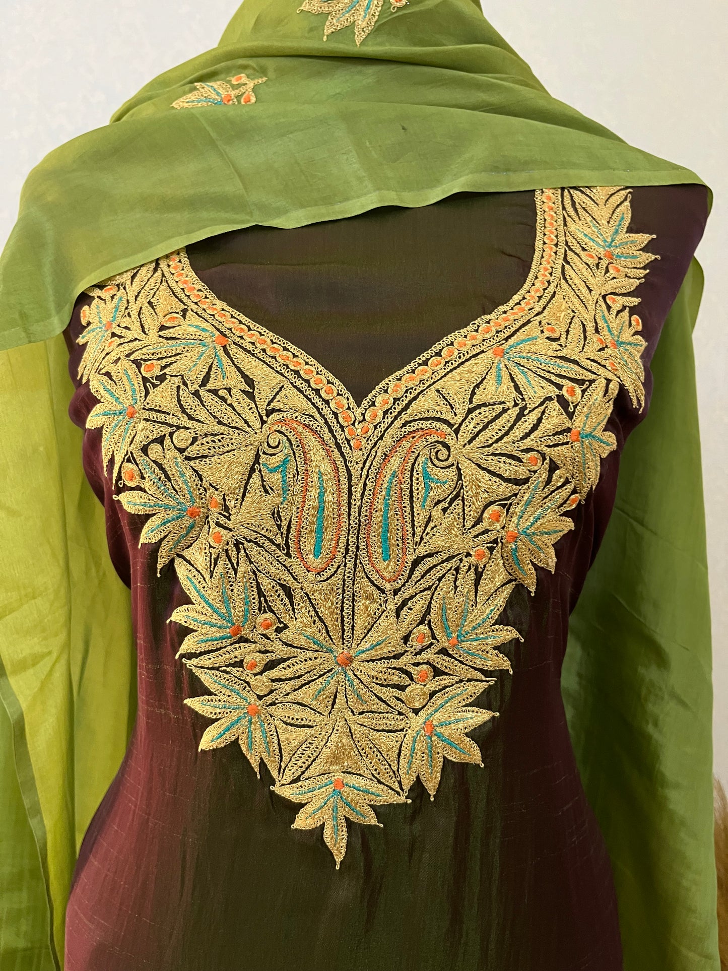Green Silk Puff Tilla Embroidered Suit