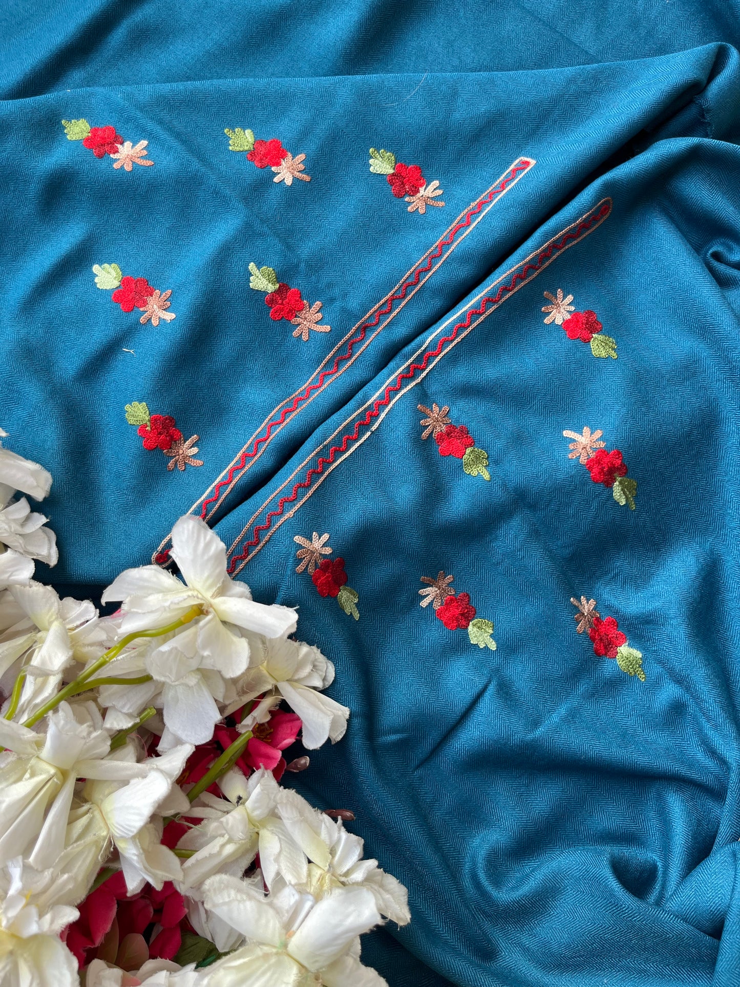 Peacock Blue Woollen Aari Embroidered 3pc suit