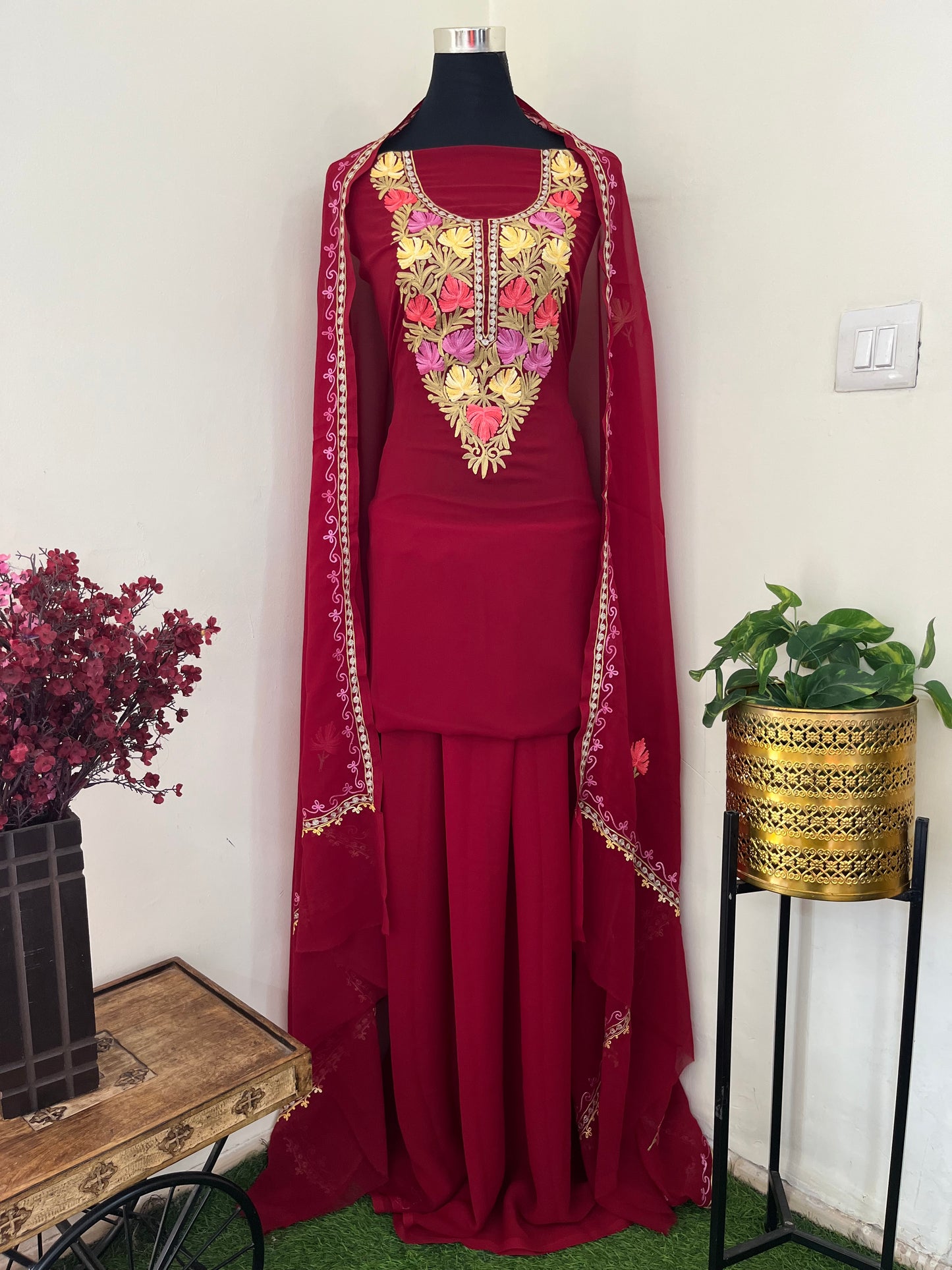 Maroon Georgette 3 Pc Aari Embroidered Suit Set