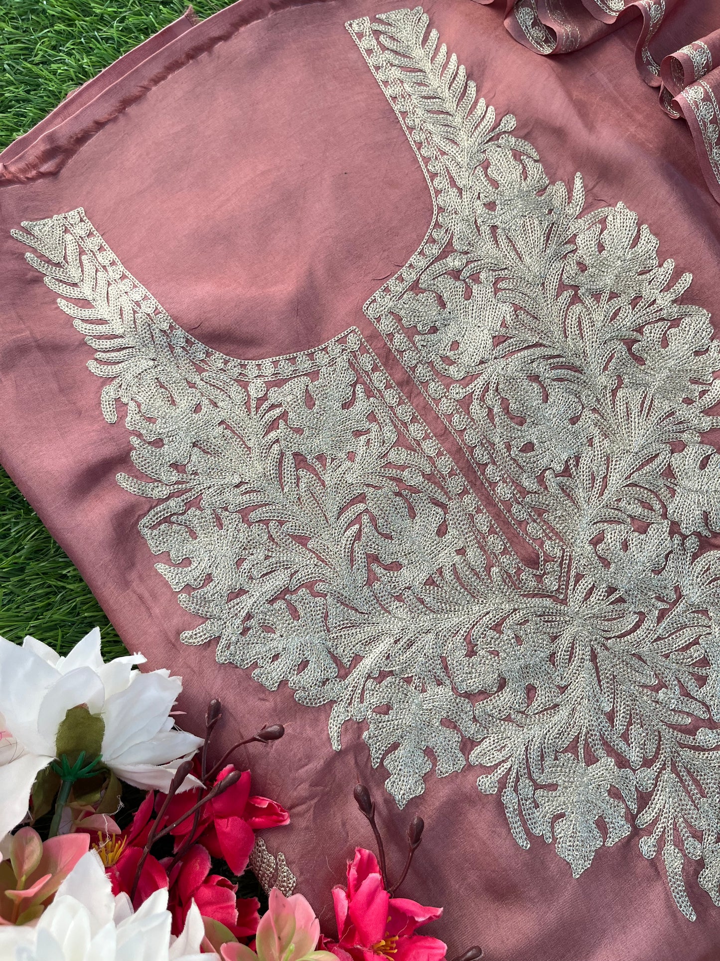 Onion Pink Silk Tilla Kashmiri Suit