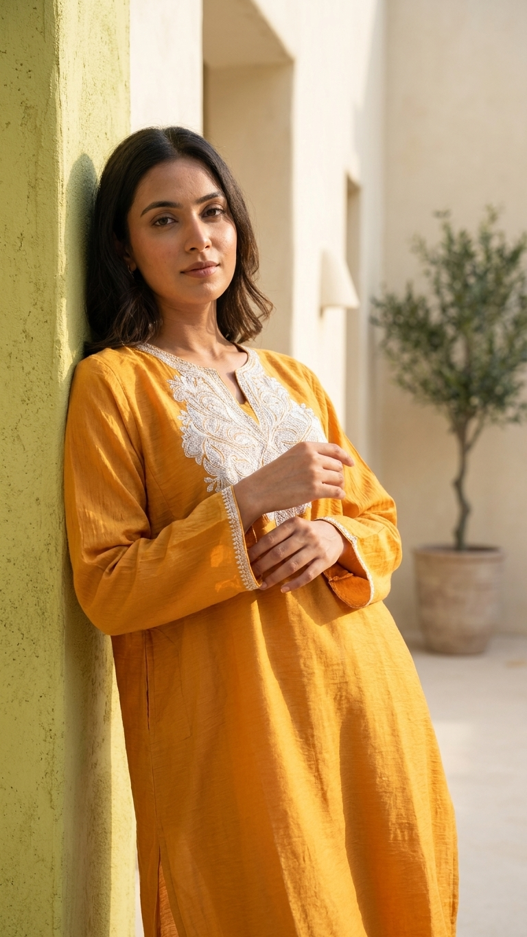 Mustard Cotton Kashmiri Pheran Set (46)