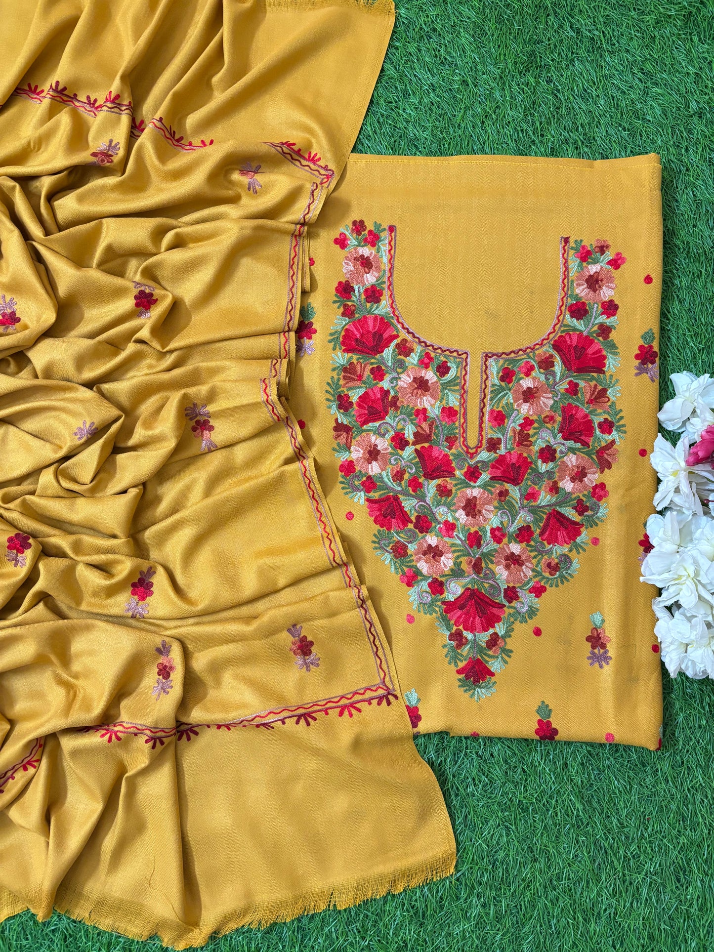 Golden Yellow Woollen Aari Embroidered 3pc suit