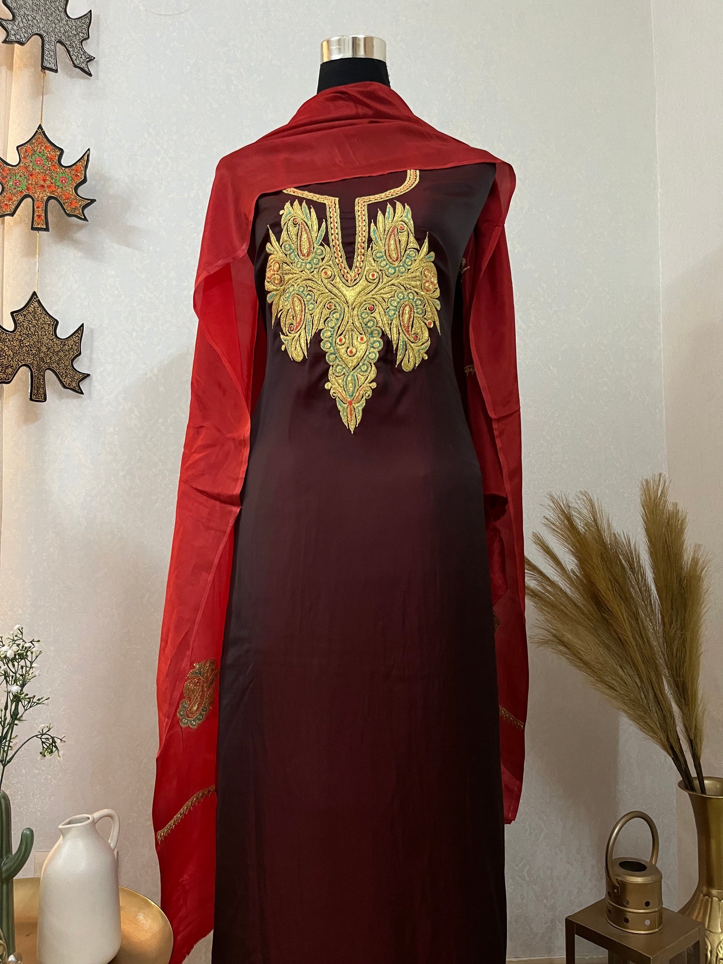 Maroon Silk Puff Tilla Embroidered Suit