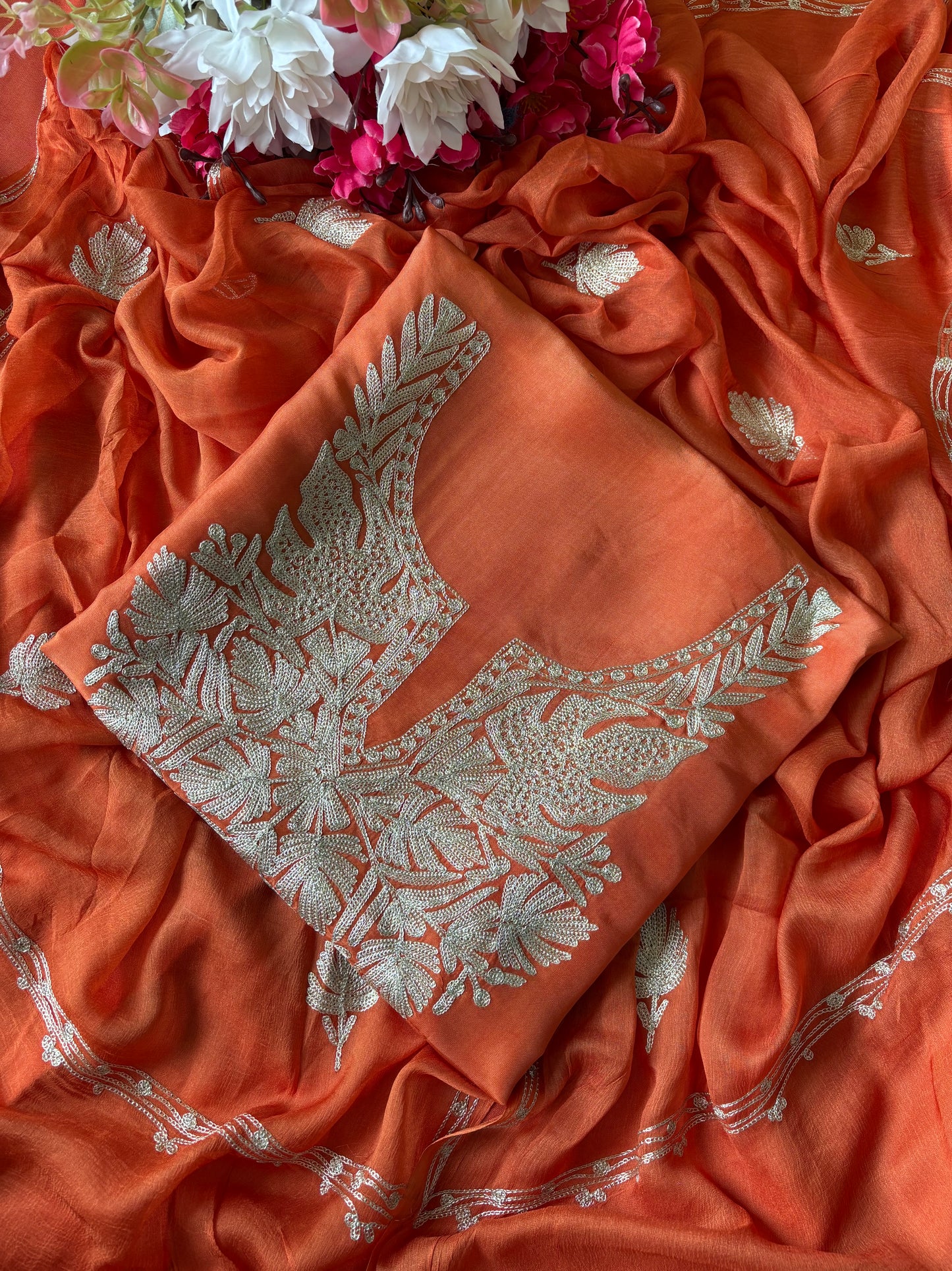 Sanam’ Soft Orange Silk Tilla Kashmiri Suit
