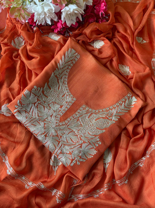 Sanam’ Soft Orange Silk Tilla Kashmiri Suit