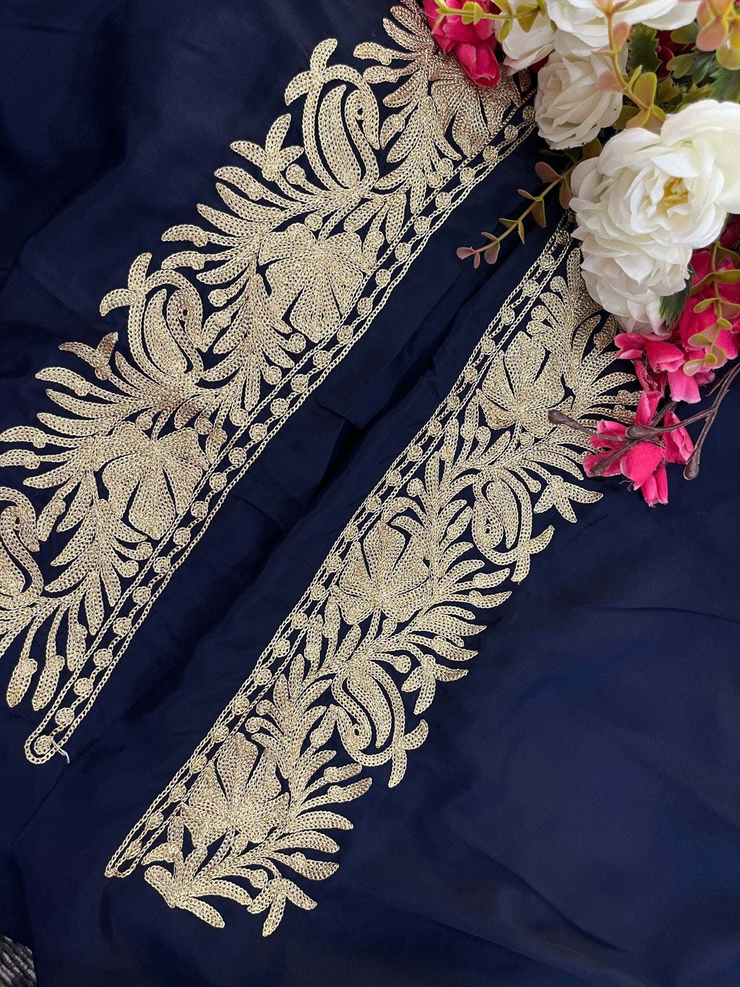 Navy Blue Crape Kashmiri Tilla Saree