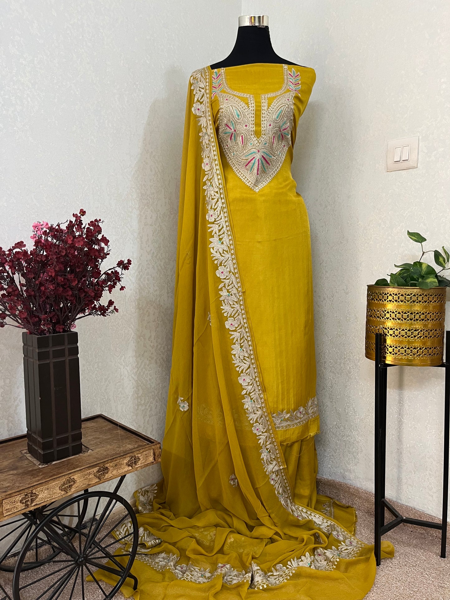 Golden Yellow Opada Silk Kashmiri Suits