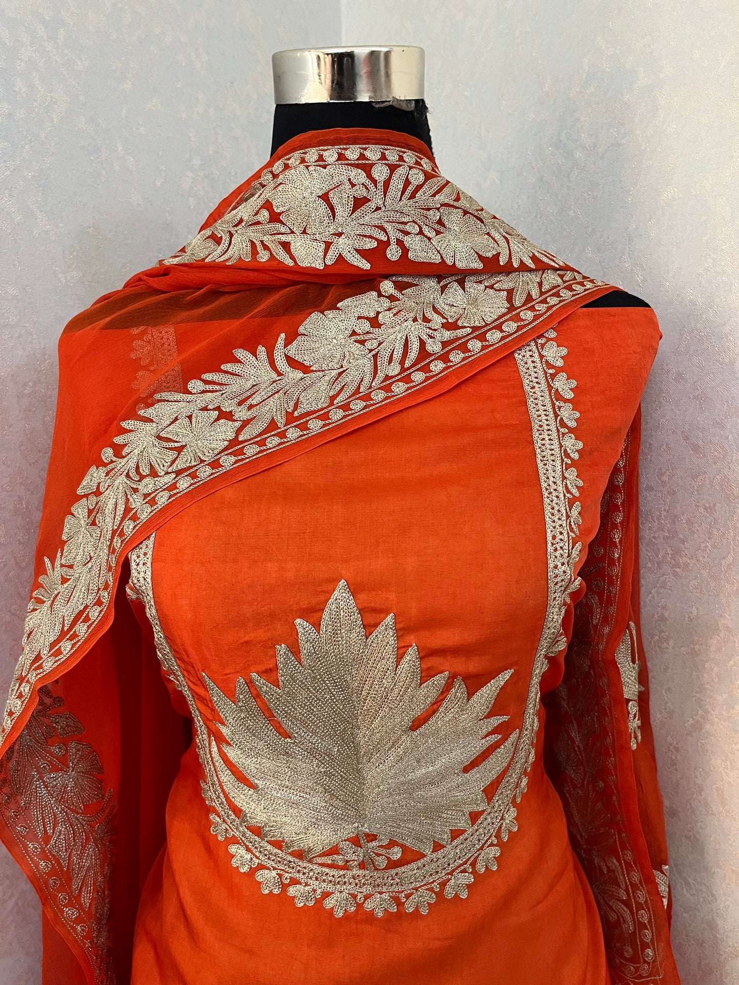 Orange Sanam’ Tilla Kashmiri Silk Suit