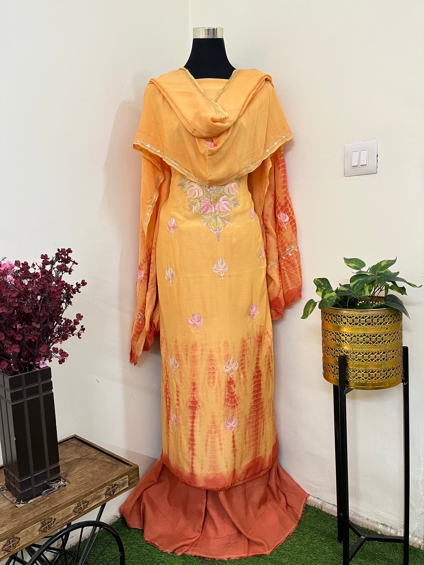 Soft Orange Mul Cotton Shibori Work Kashmiri 3pc Suit