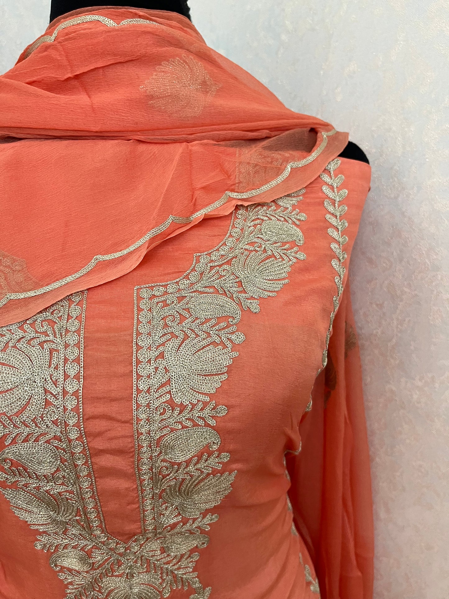 Sanam’ Peach Silk Tilla Embroidered Suit material
