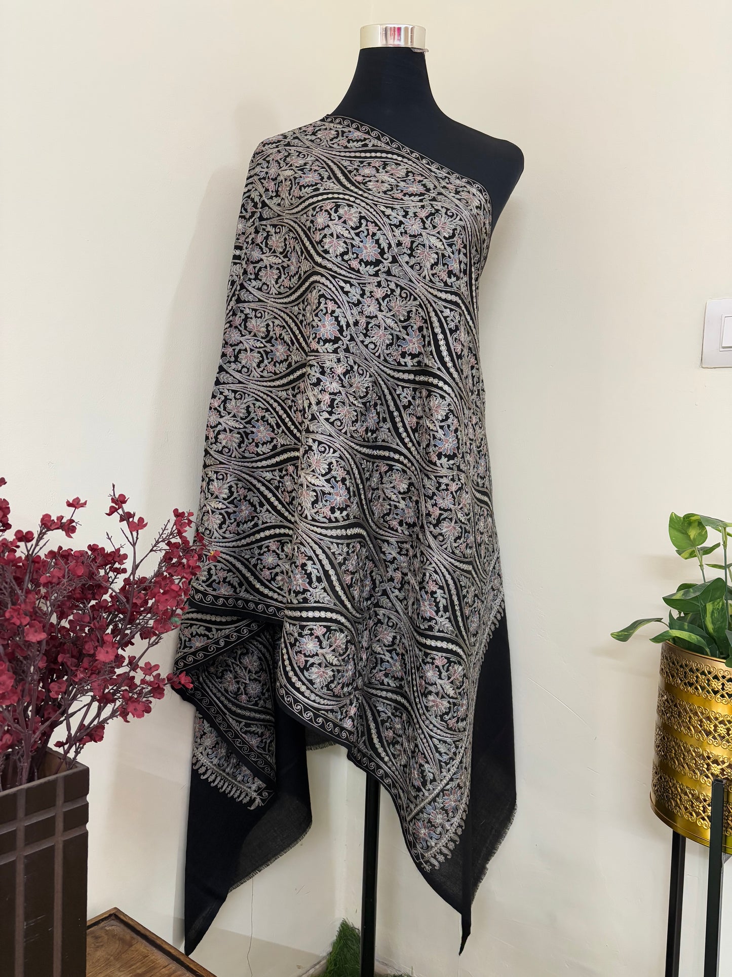 Black Jaal Embroidered Kashmiri stole