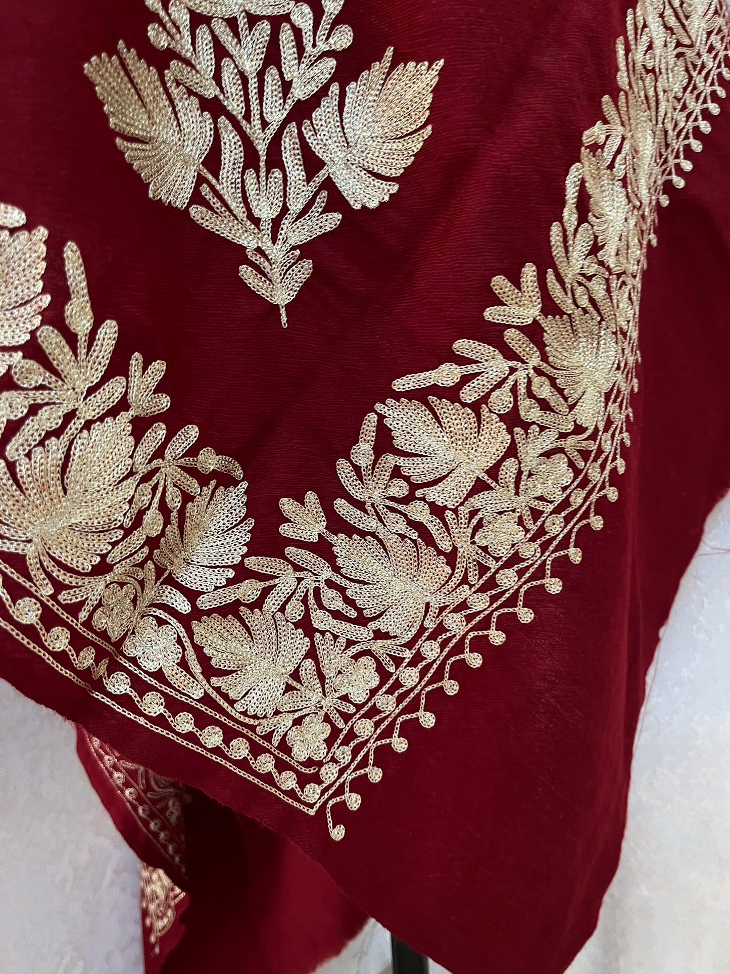 Maroon Semi Pashmina Tilla Embroidered stole
